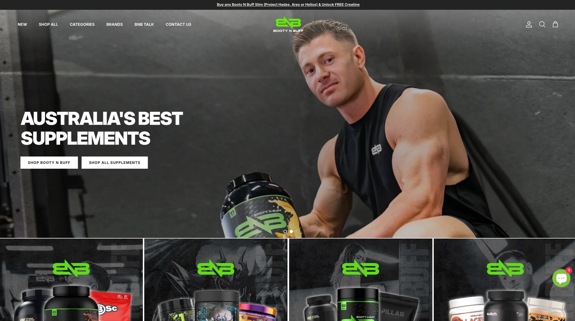 Booty N Buff homepage with supplement shopping navigation, a full-width campaign hero and product category tiles