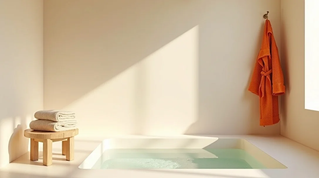 Minimal floating spa room with a sunlit plunge pool and orange robe